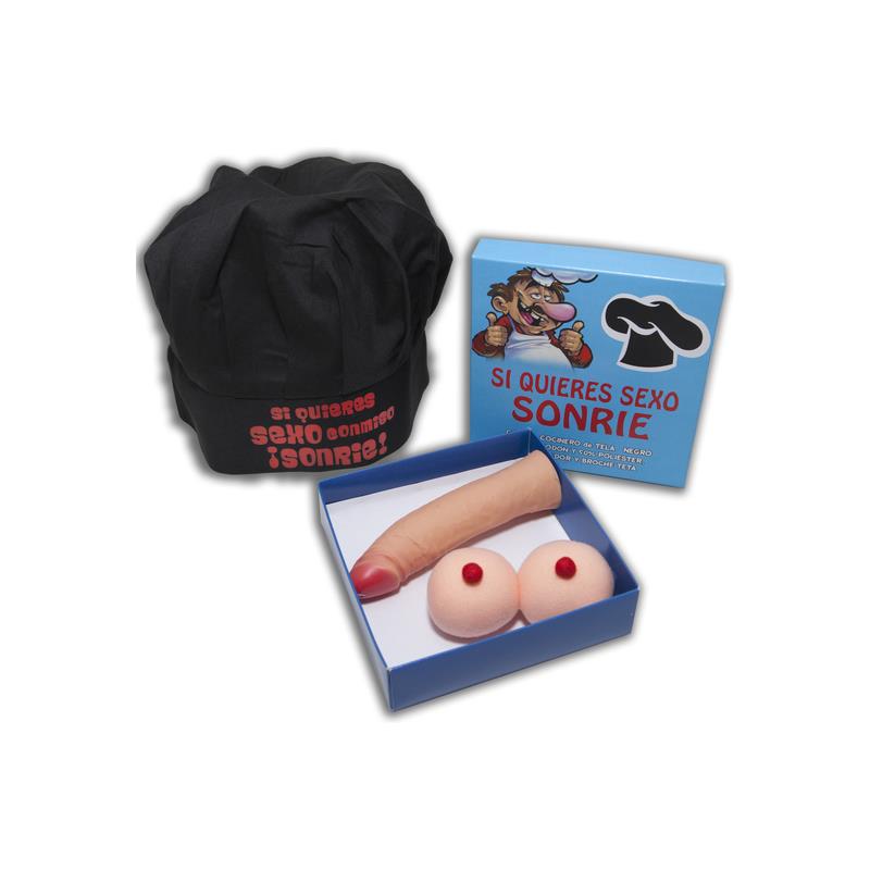Conjunto de chapéu de chef, broche de peito e caixa estimuladora