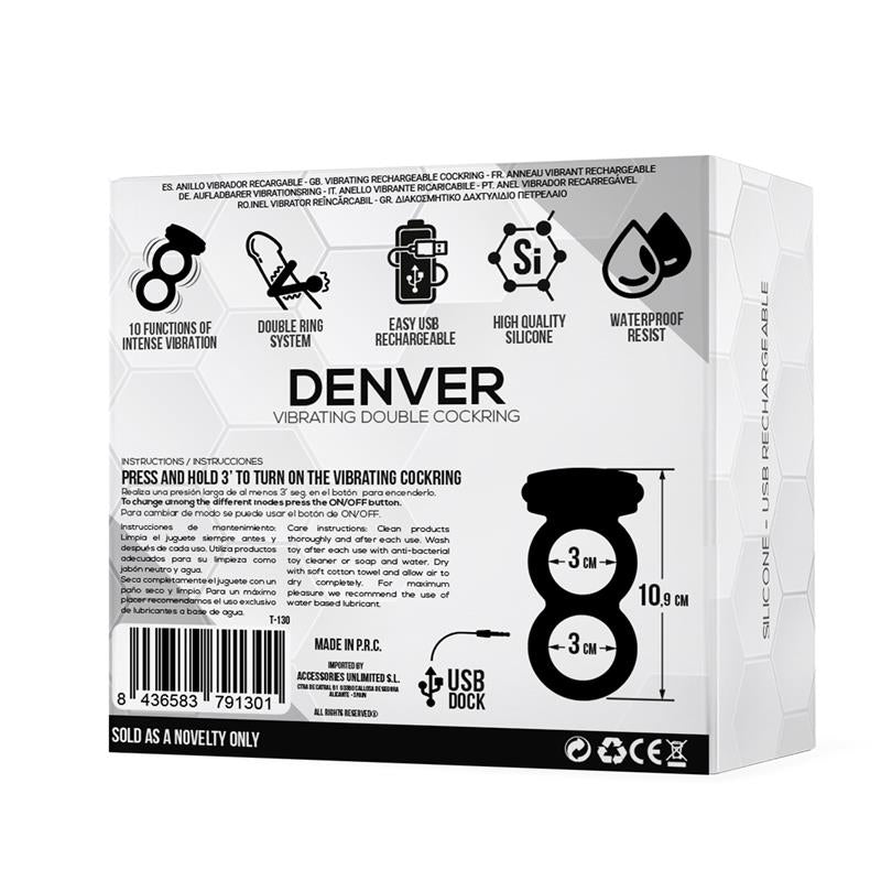 Denver Anel Duplo com Bala Vibratória USB Silicone Preto