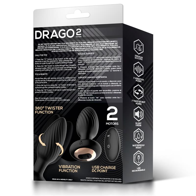 Plugue anal vibratório Drago, movimento giratório 360º e controle remoto