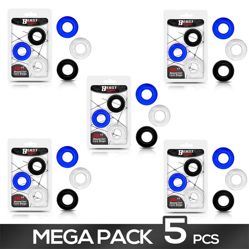 Pack 5 16mm Round Set of 3 Cock Rings 3 Col